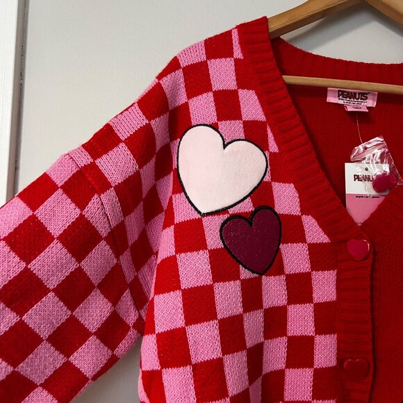 Peanuts Snoopy Valentine's Day Cardigan Sweater V-Neck XTRA-LARGE Red Checker - Picture 5 of 10